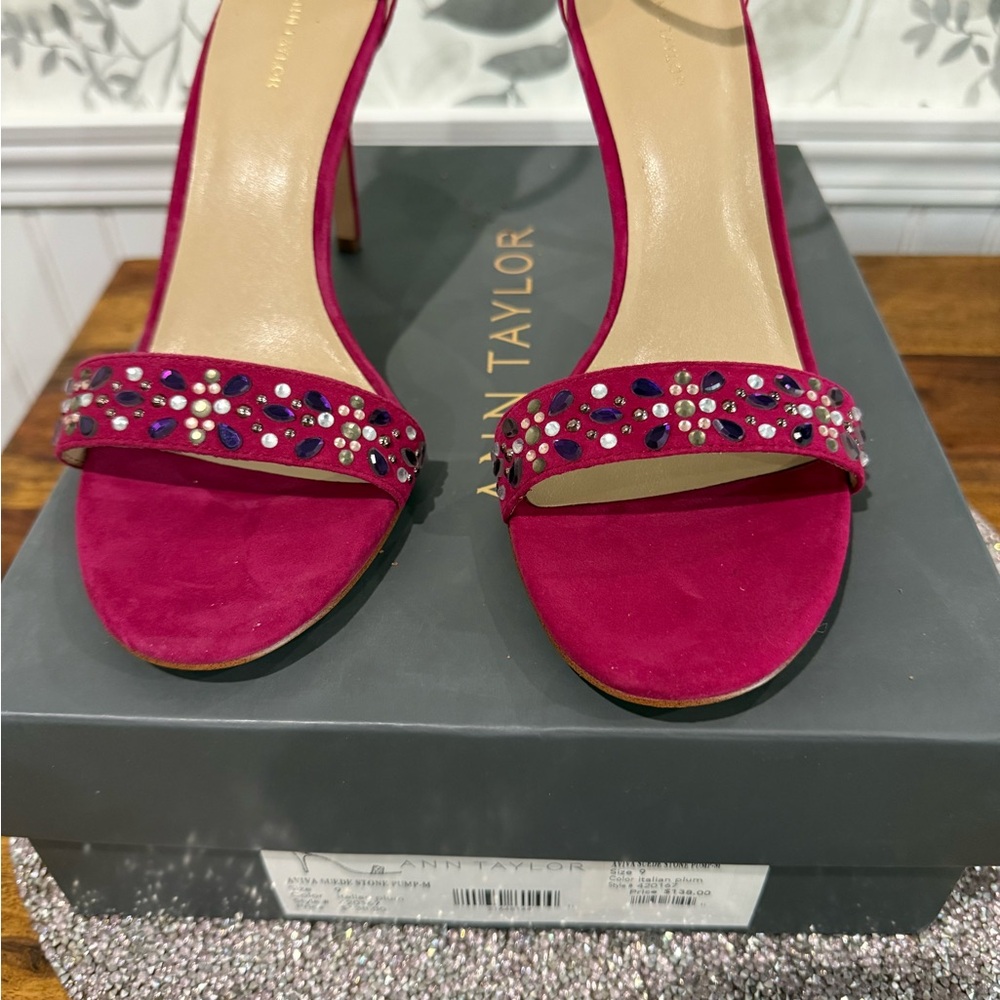 Ann Taylor Aviva Suede Pink Italian Premium Heels with Multi Color Rhinestones